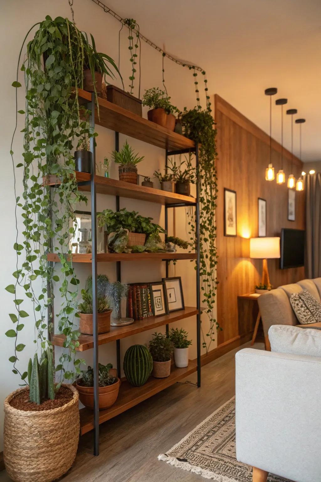 Design an eye-catching plant display by treating your shelves as a blank slate.