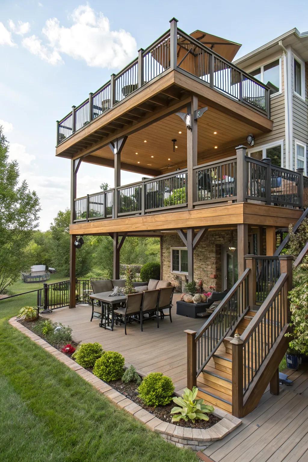 A multi-tiered deck that provides unique spaces for varied activities.