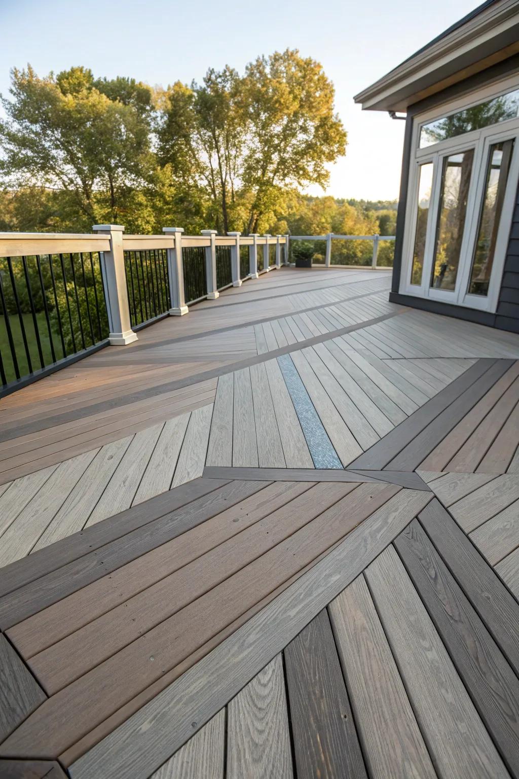 A deck featuring a lively pattern with varied width planking.
