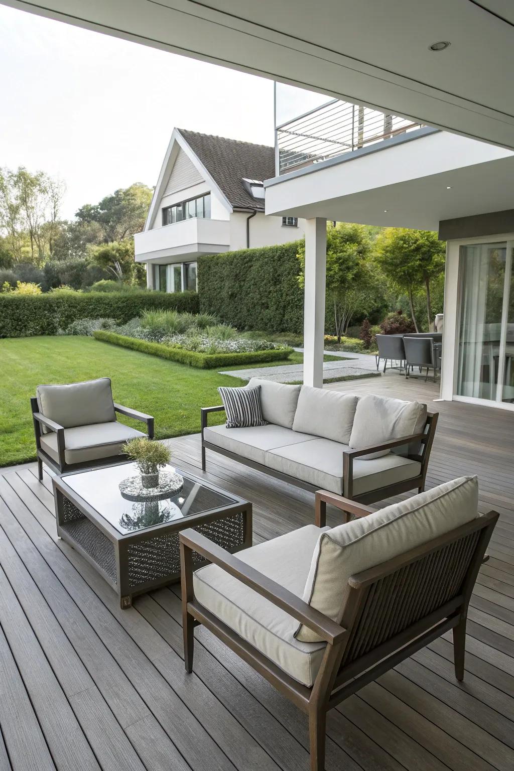A deck adorned with modern furniture for a stylish touch.
