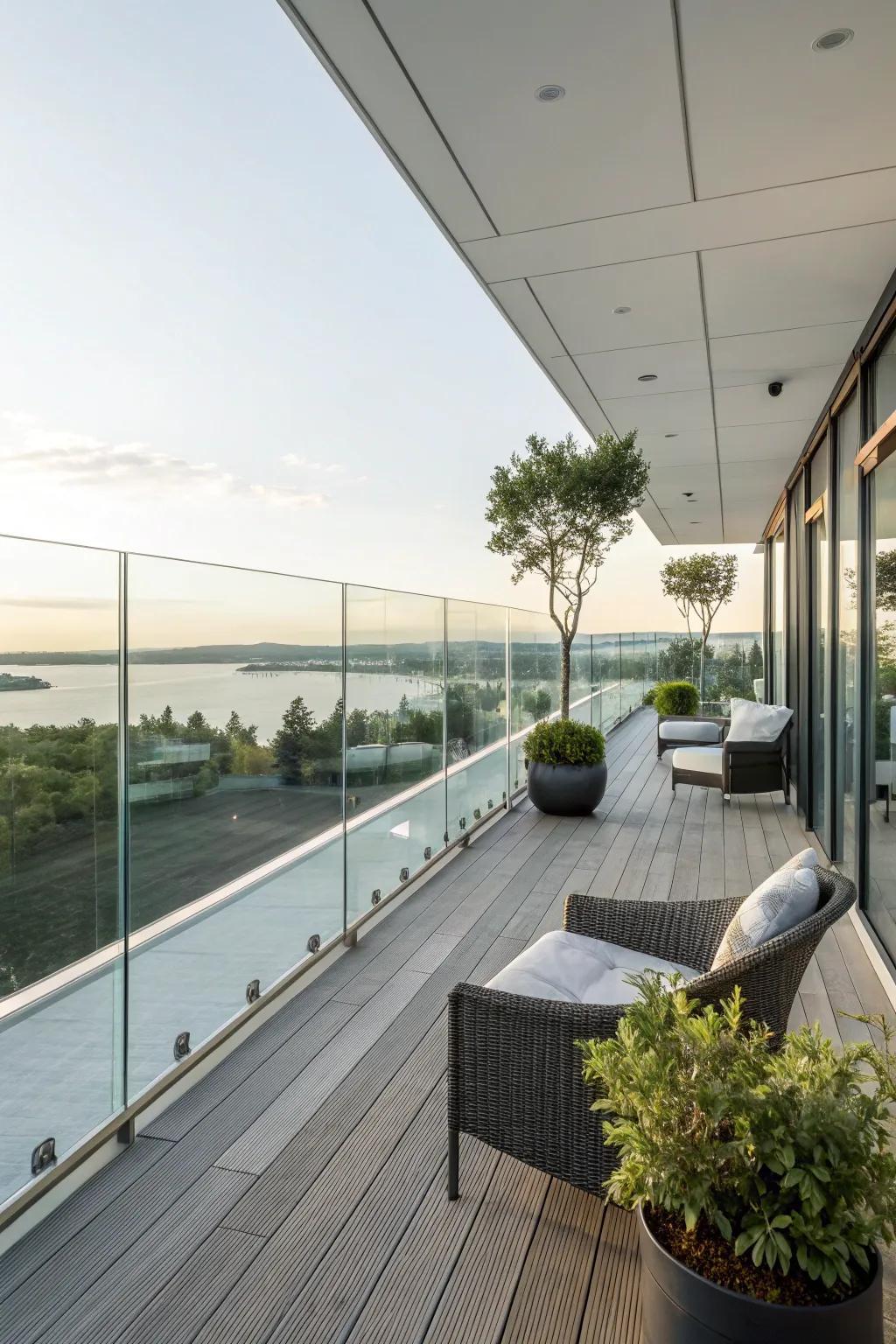 A deck with glass barriers for a seamless connection to the outdoors.