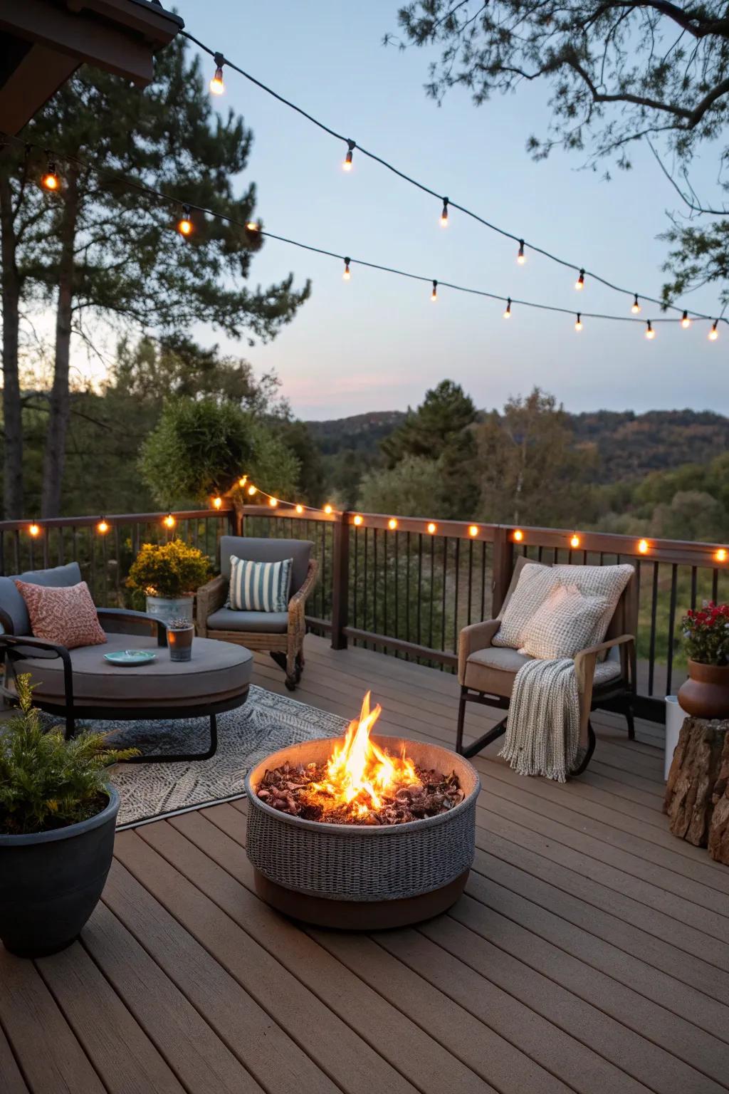 A deck featuring a fire pit for a warm and inviting atmosphere.