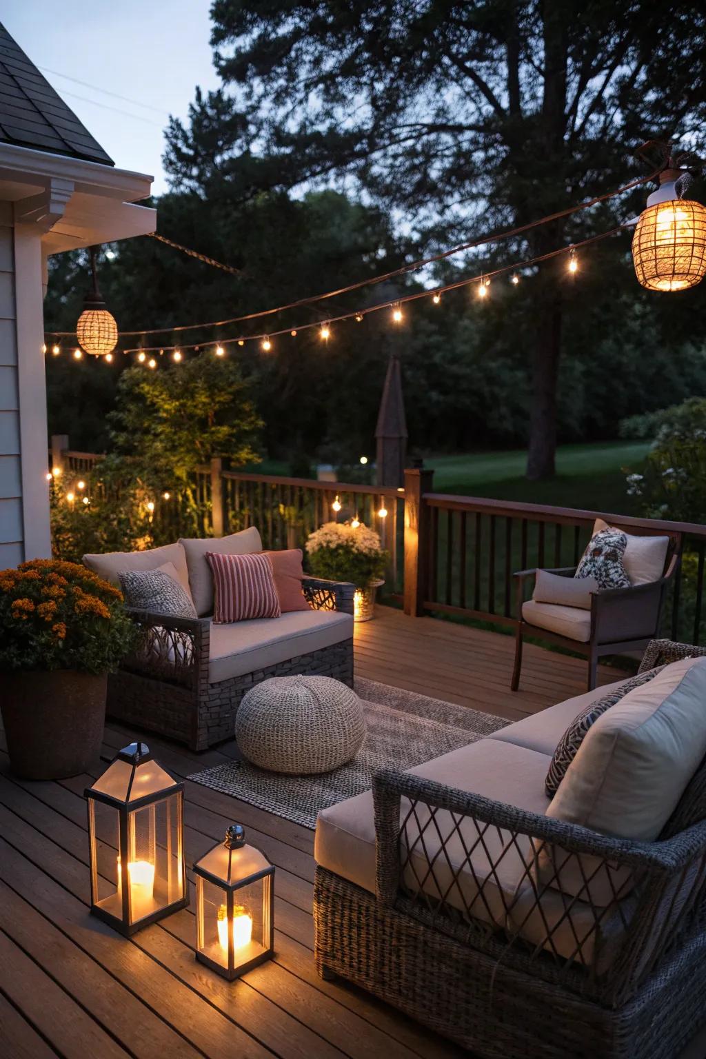 A deck illuminated for cozy and inviting evenings.