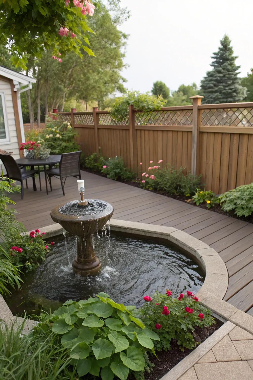 A deck enhanced with a water feature for a touch of tranquility.