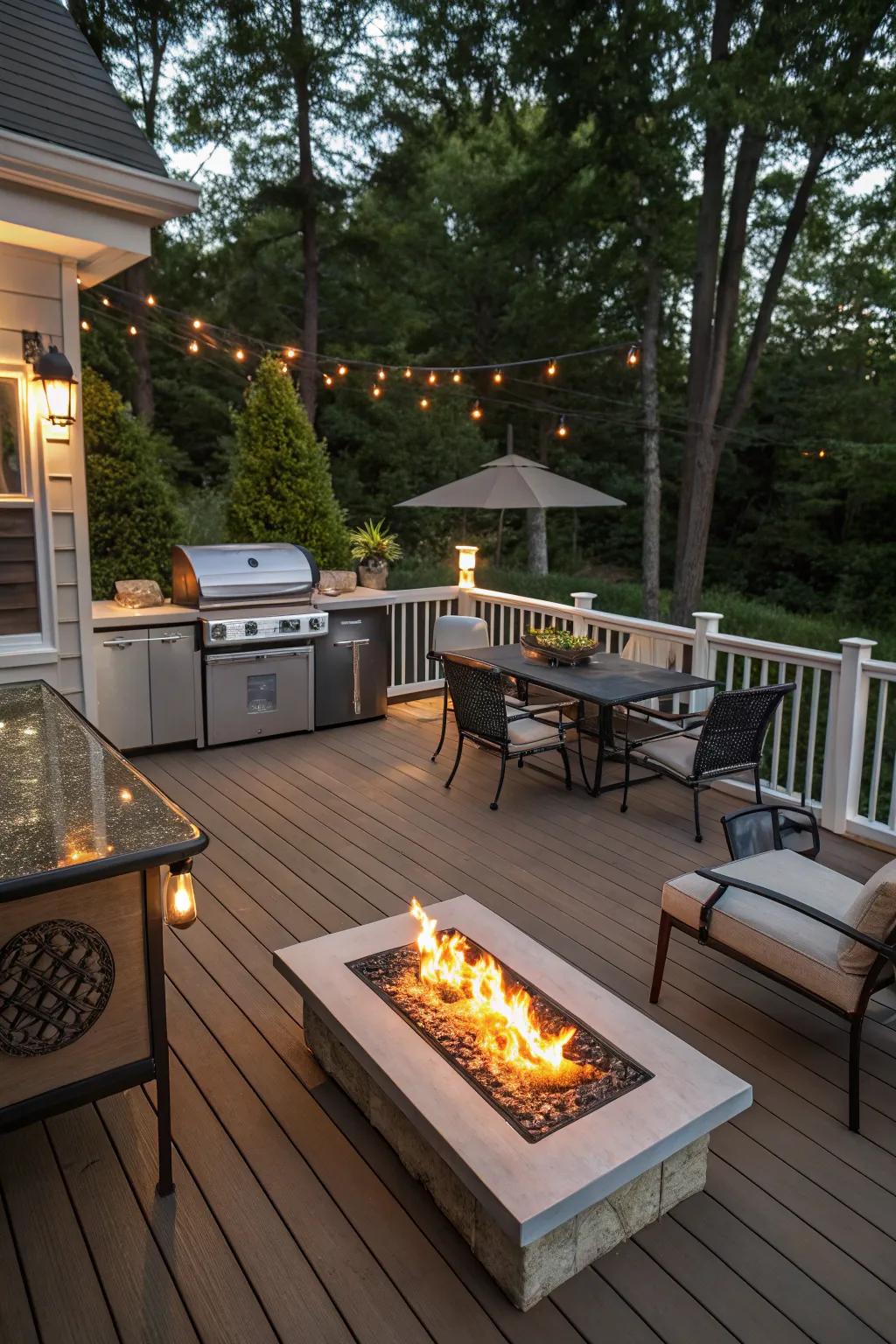 A deck fitted for entertaining with a fire feature and outdoor cooking area.