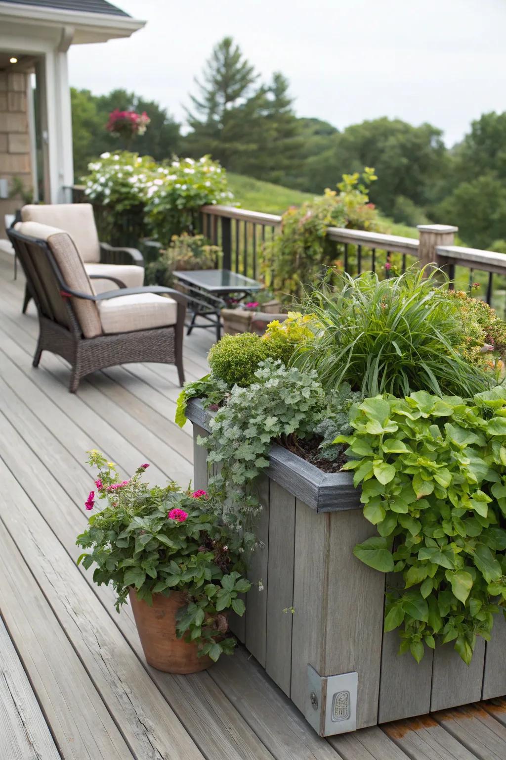 A deck design that features rich greenery through built-in planters.