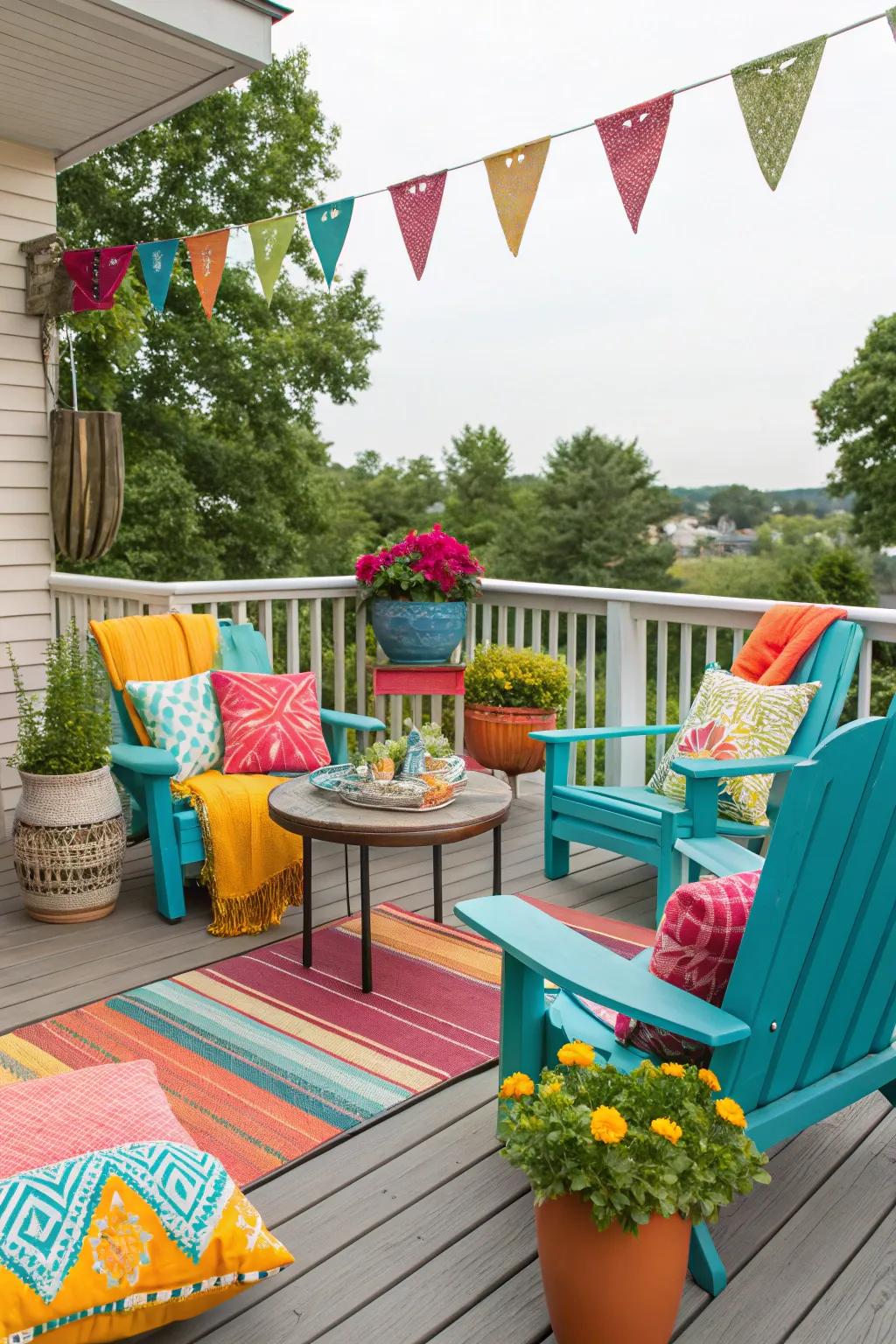A deck design that pops with colorful furniture and decor.