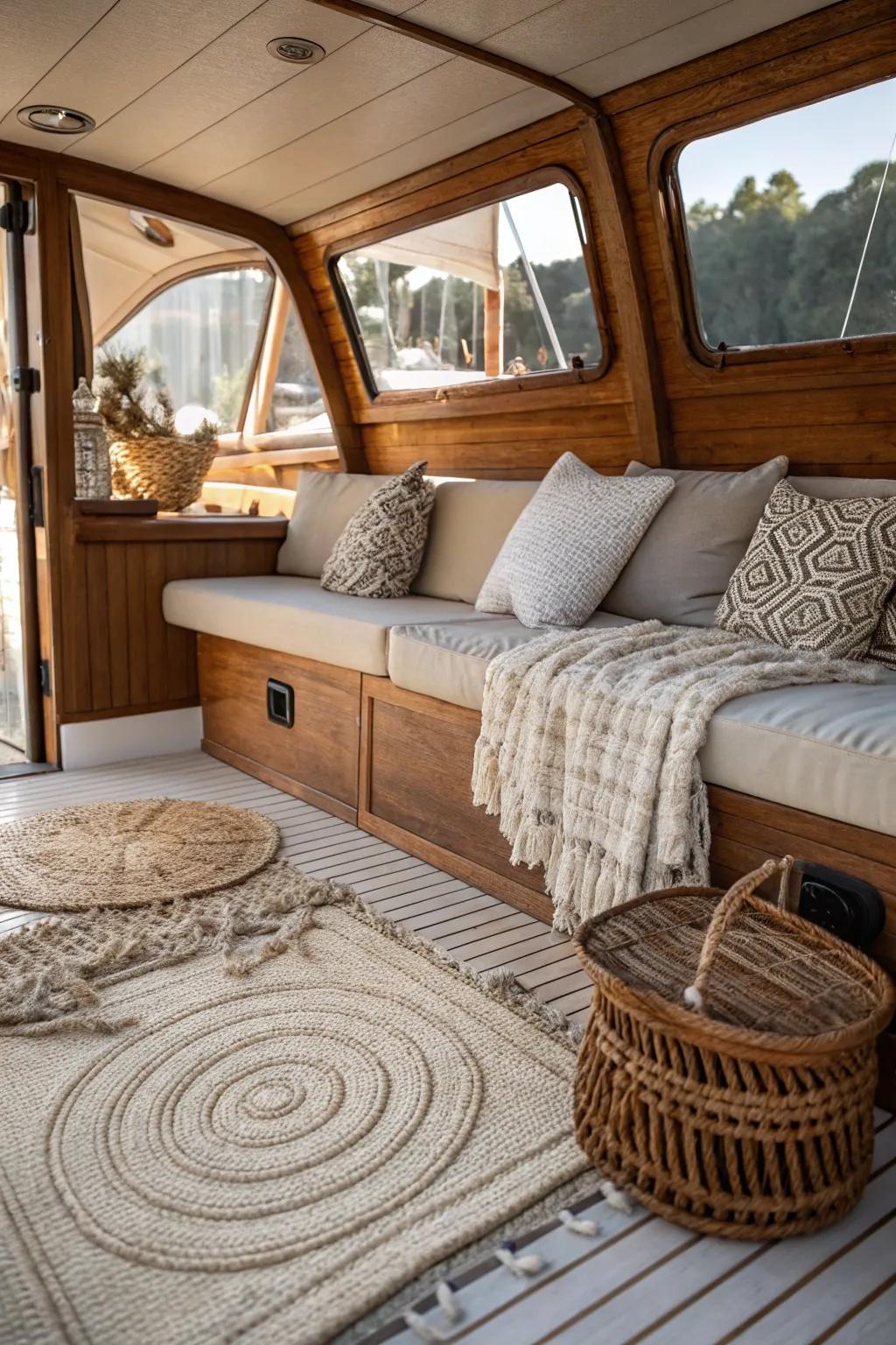Natural textures bringing warmth and depth to the boat's interior.