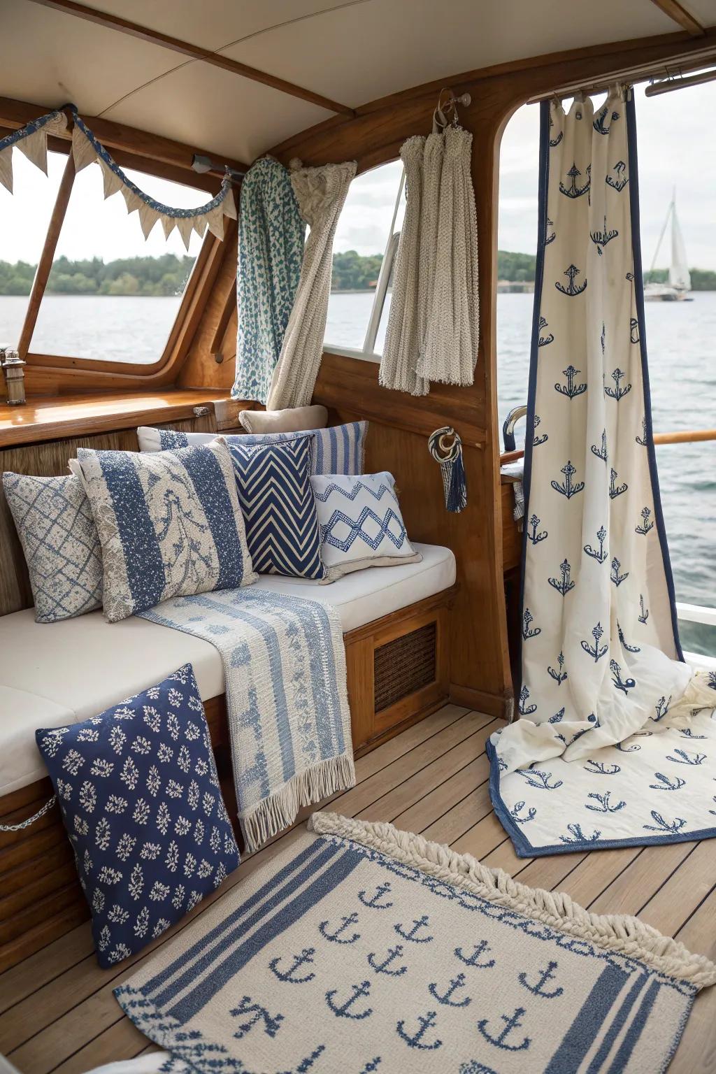 Maritime patterns in fabrics adding a cohesive design touch.