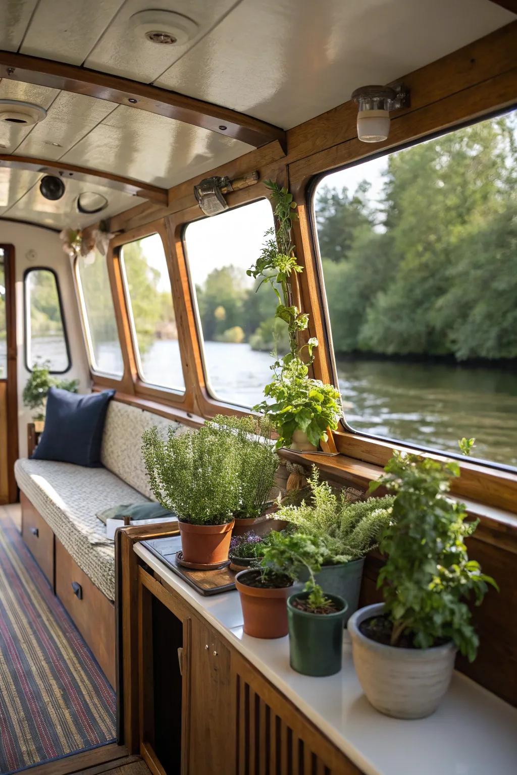 Small plants adding a touch of nature and freshness to the boat.