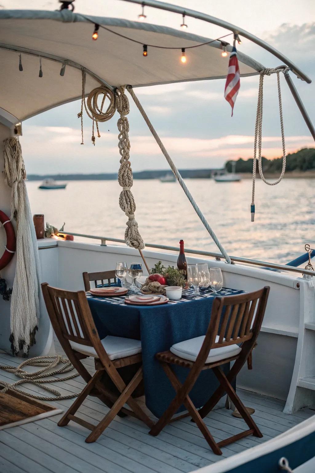A clever dining arrangement featuring a foldable table, ideal for smaller boat cabins.