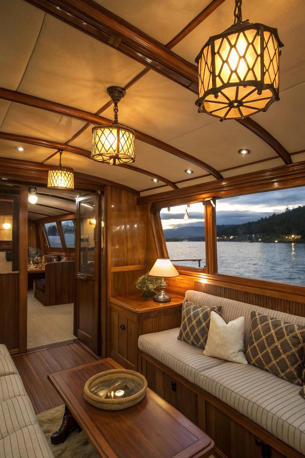 Cozy lighting improves the inviting vibe inside the boat.