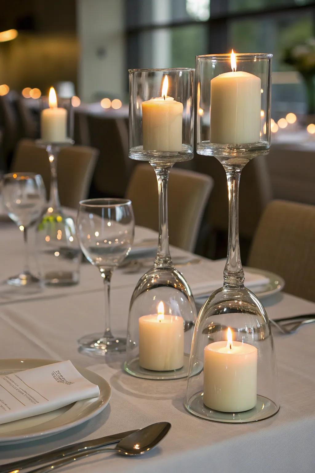 Glass holders add elegance while beautifully reflecting candlelight.