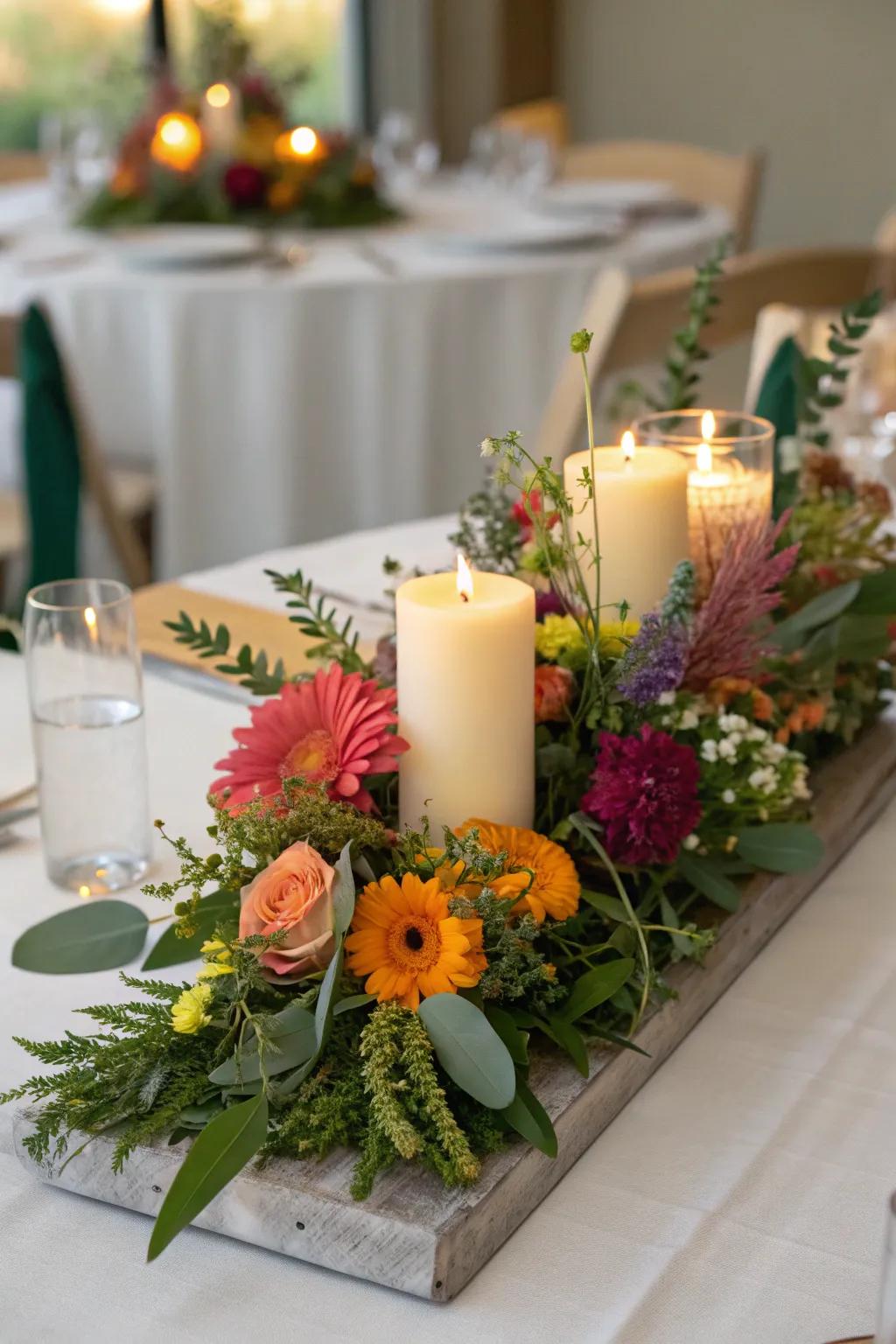 Flowers and candles create a garden-inspired display.