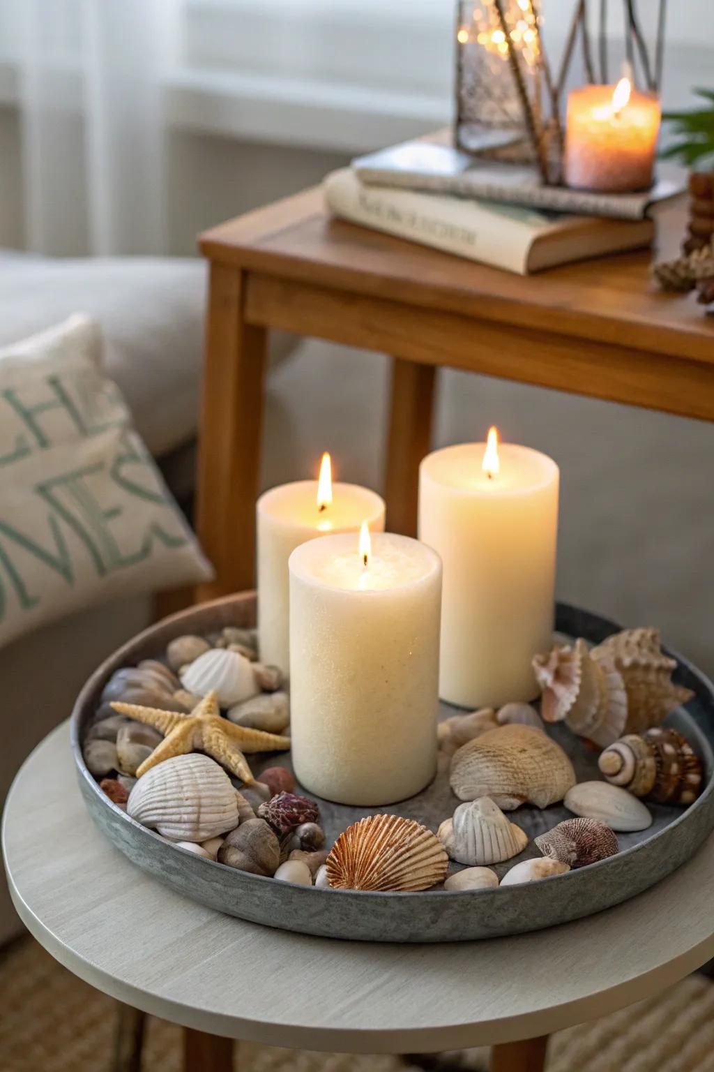 Seashells and candles evoke a peaceful beach vibe.