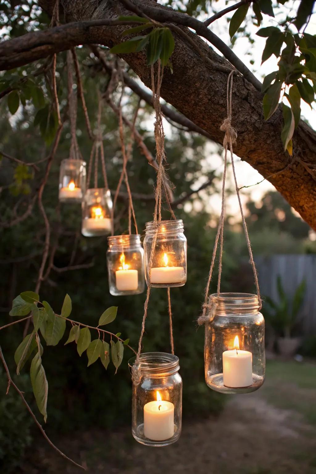 Hanging candle displays create an enchanting touch.