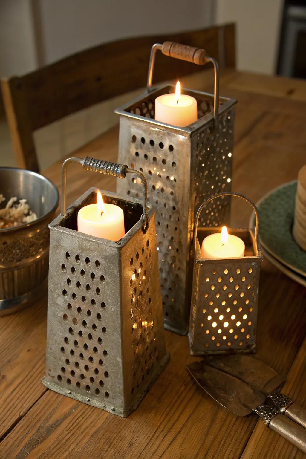 Vintage graters give a quirky touch to candle displays.