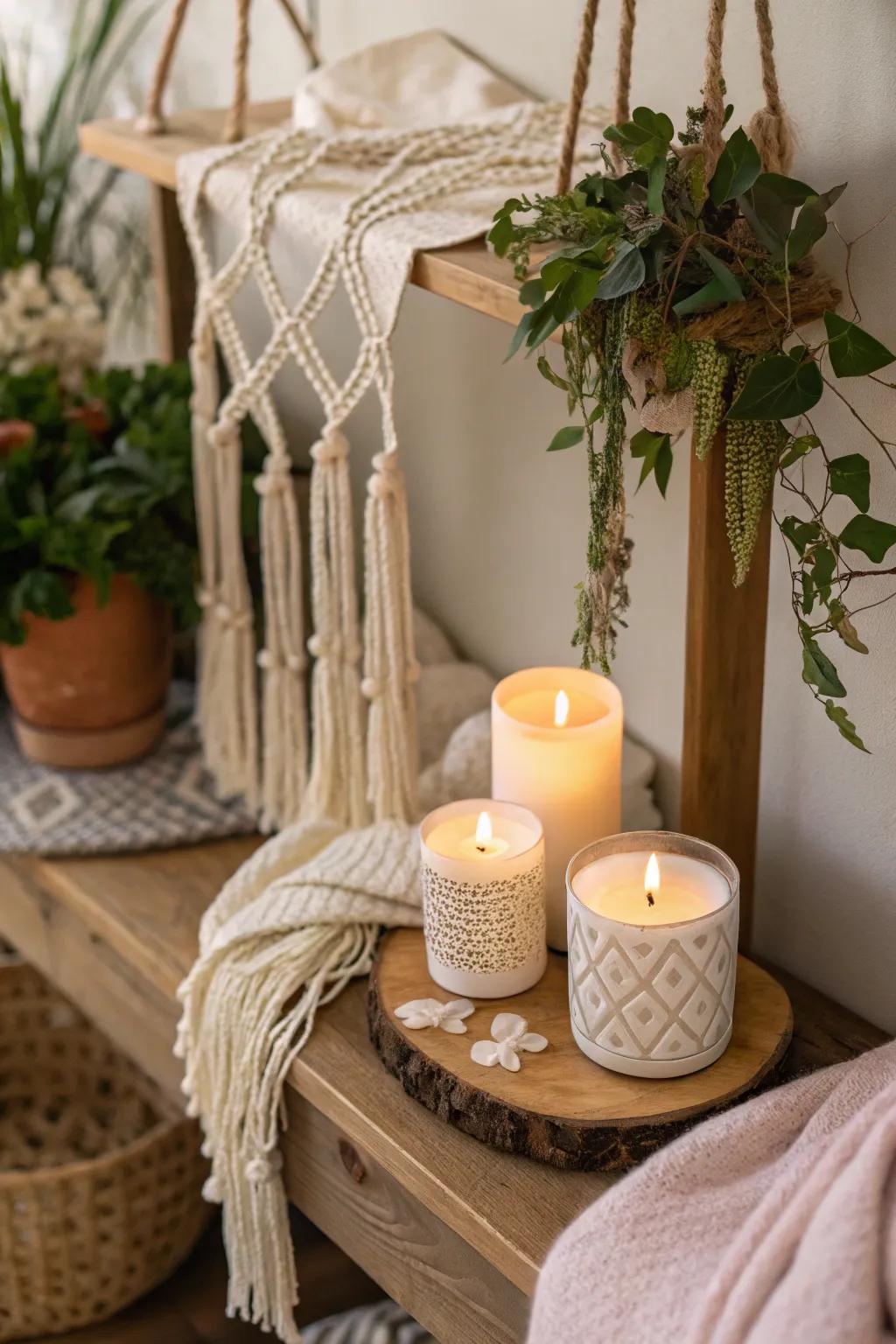 Macramé and candles give a bohemian vibe.