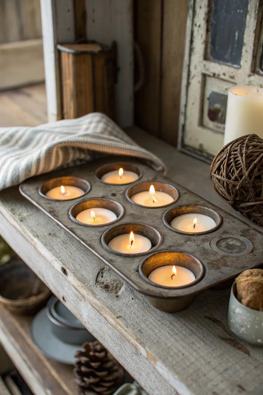 A vintage muffin tin works wonderfully as a candle display.