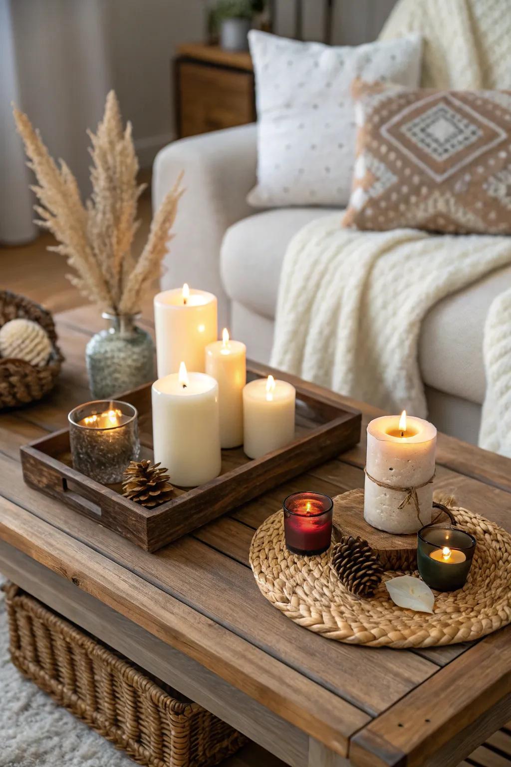 Experimenting with different candle heights adds dimension to your decor.