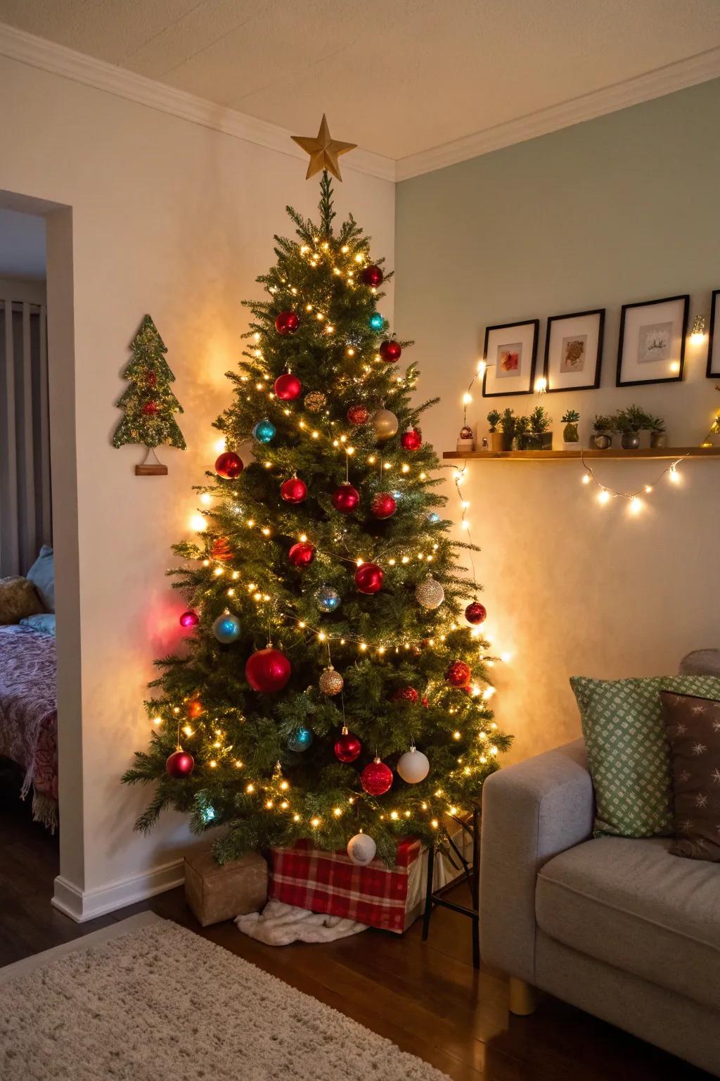An imaginative wall-adhered holiday tree adorned with strands and ornaments.