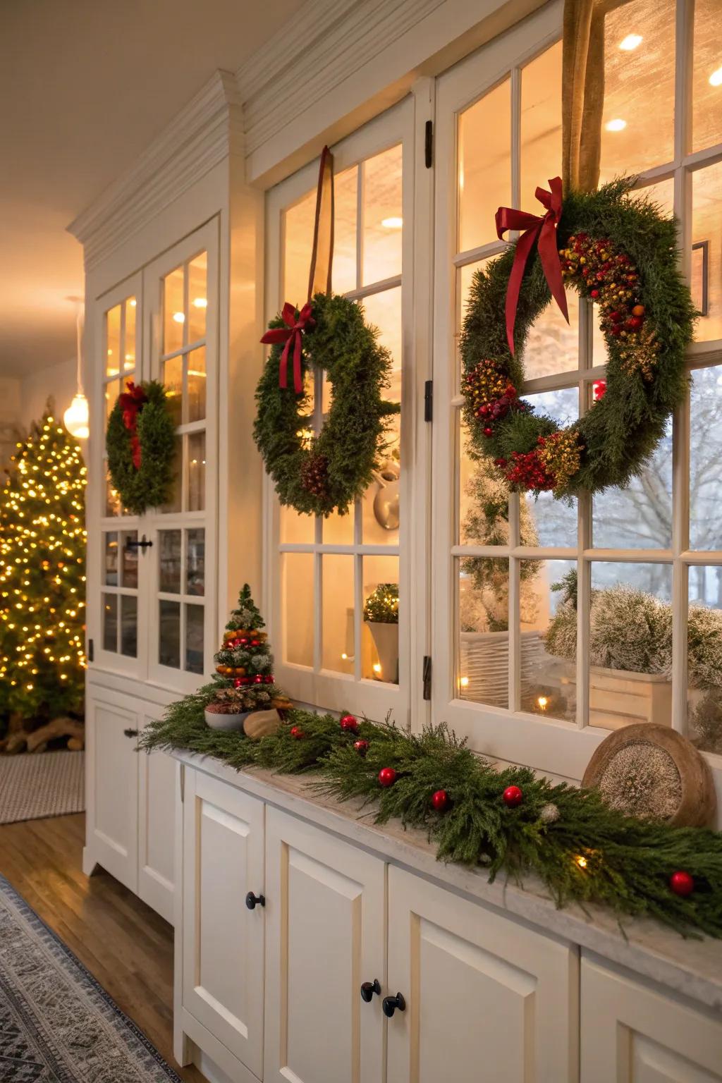 Greenery adds festive charm beyond just the front door.