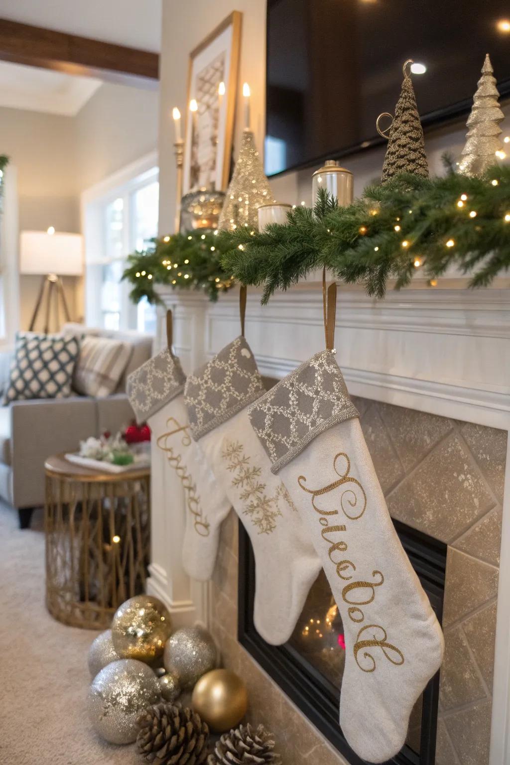 Custom stockings add charm and elegance to your fireplace.