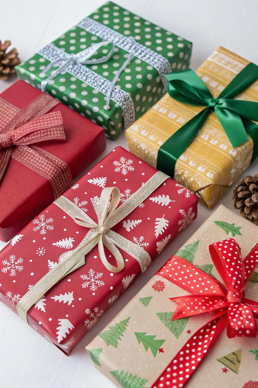 Coordinated gift wrapping enhances the overall holiday décor.