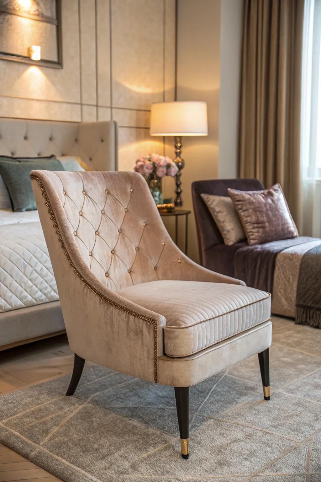 A velvet chair includes a touch of luxury to the bedroom.