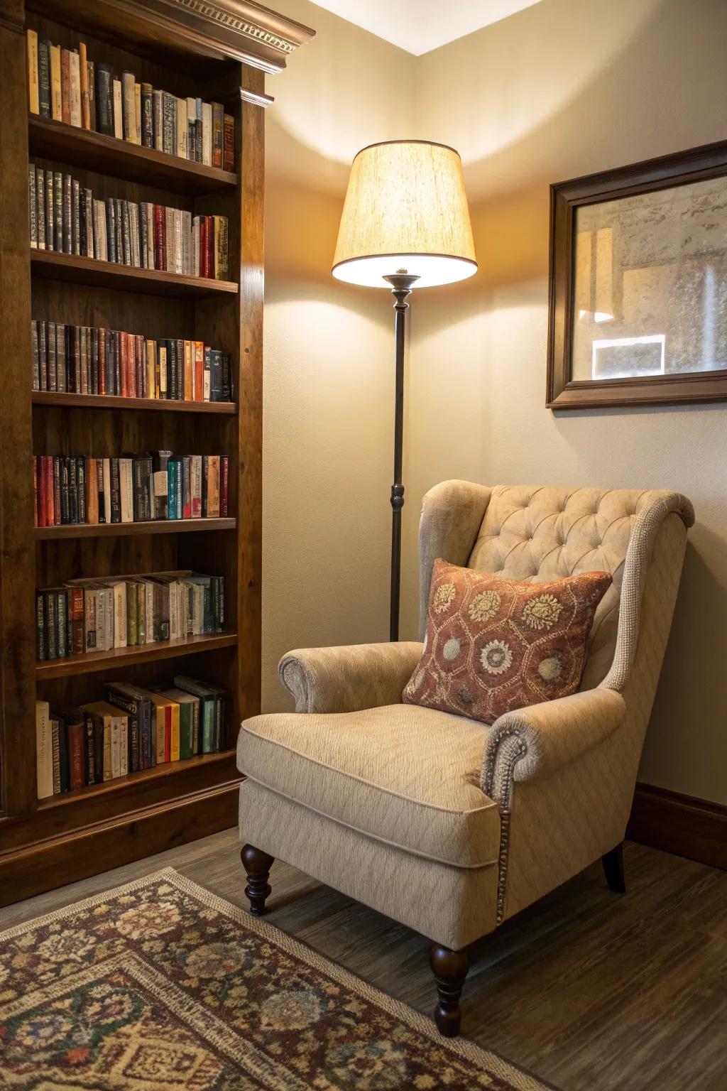 A reading nook with a plush armchair and bookshelf creates a relaxing retreat.