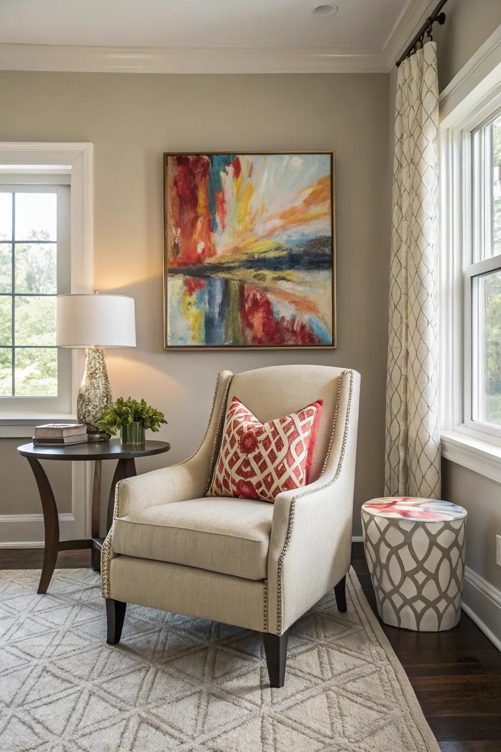 An abstract painting above an accent chair creates a mini-gallery.