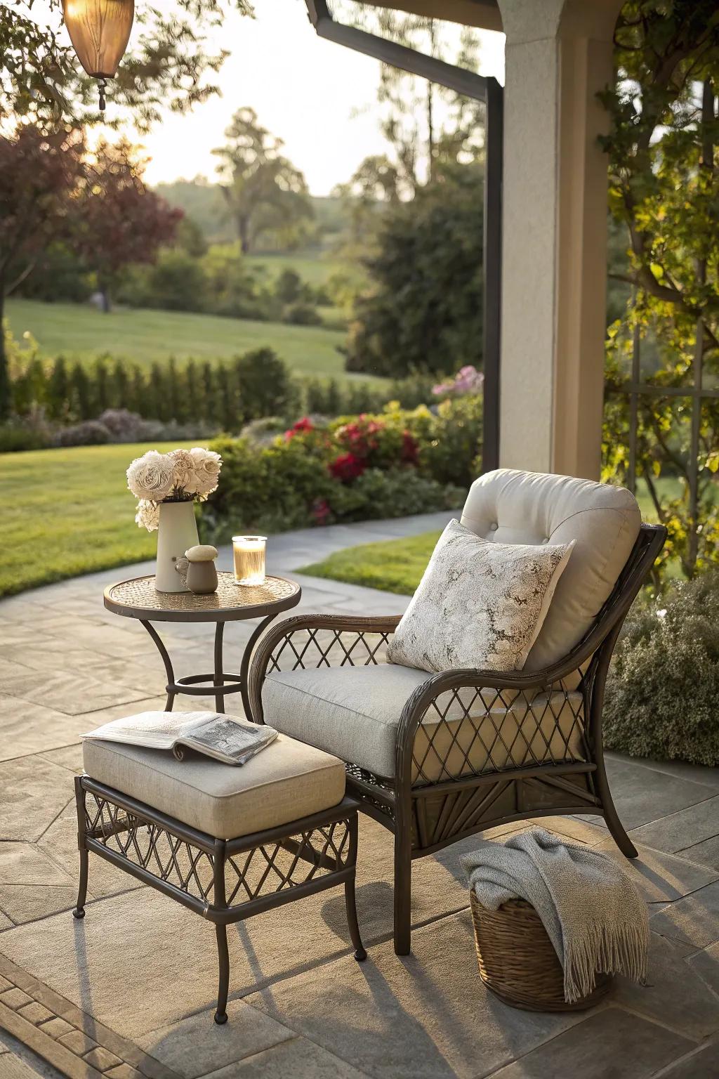 An indoor-style armchair creates a cozy outdoor patio retreat.