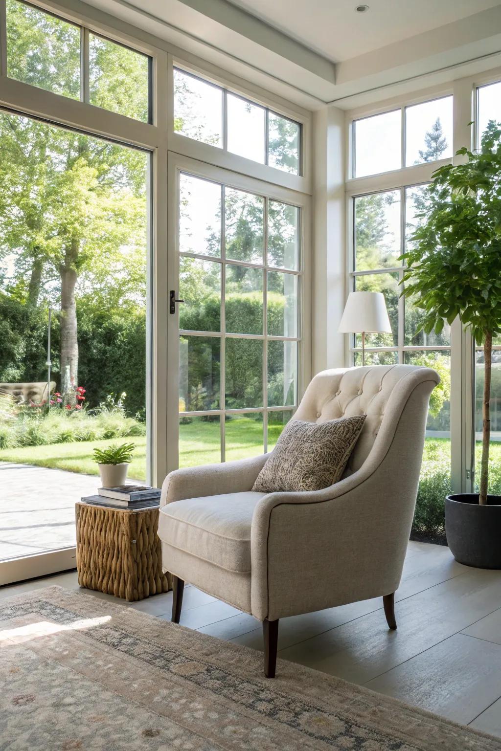 An accent chair by the window blends indoor and outdoor spaces.