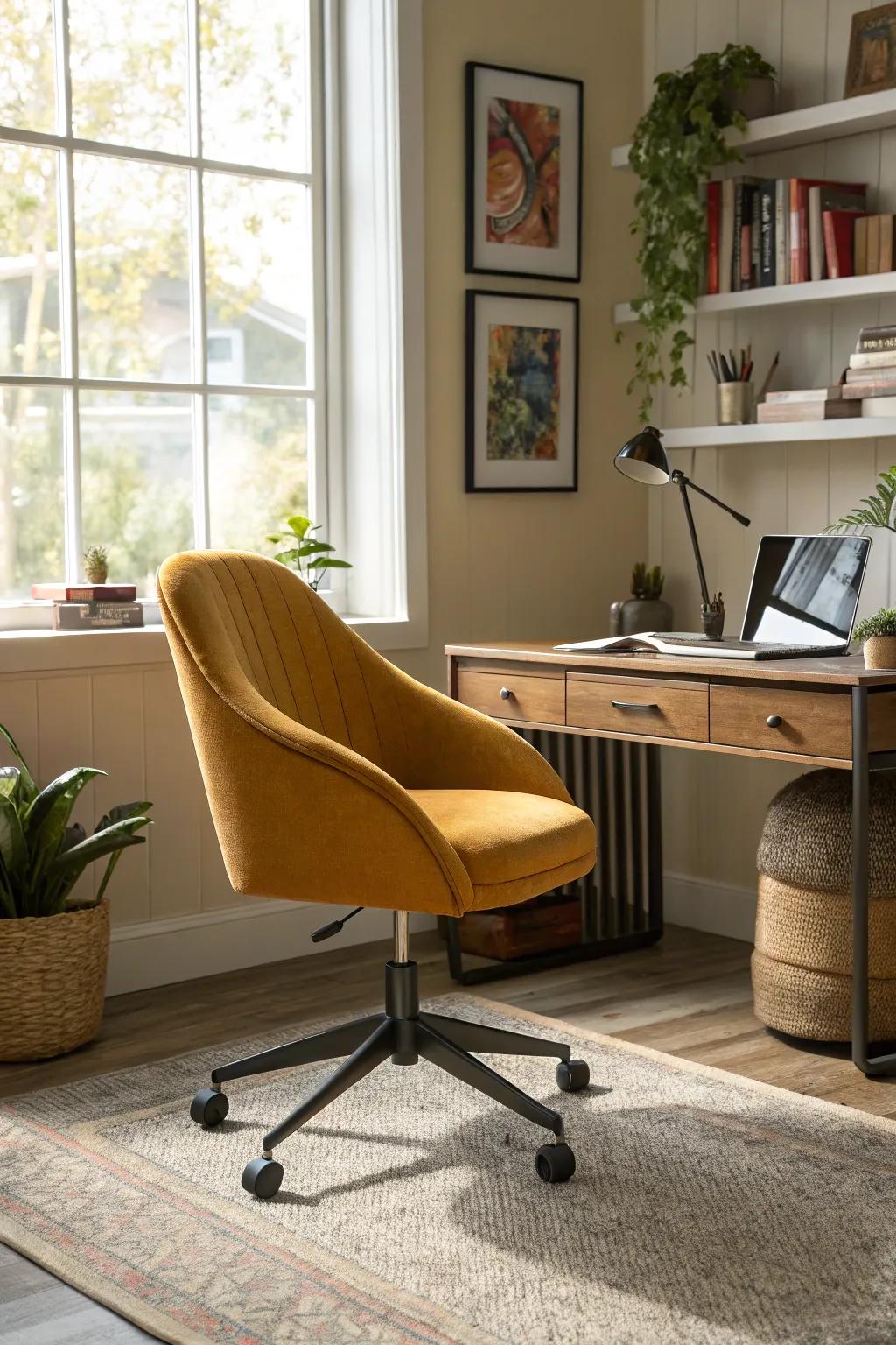 A swivel chair in the office adds versatility and fun.