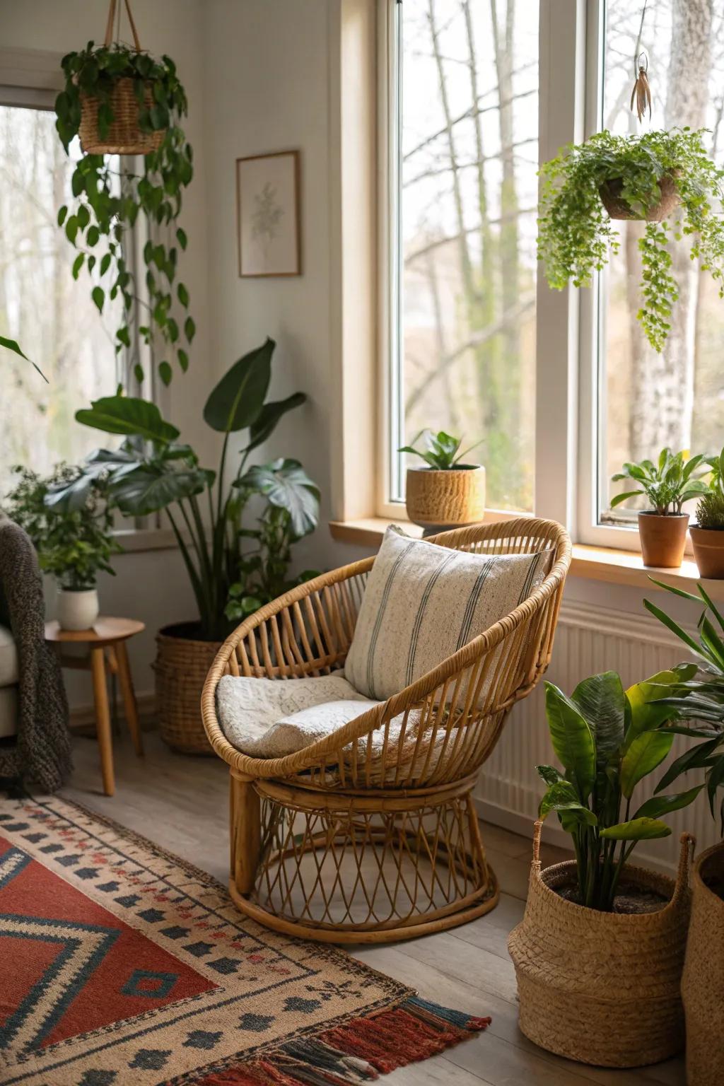 A cane chair paired with plants brings natural warmth.