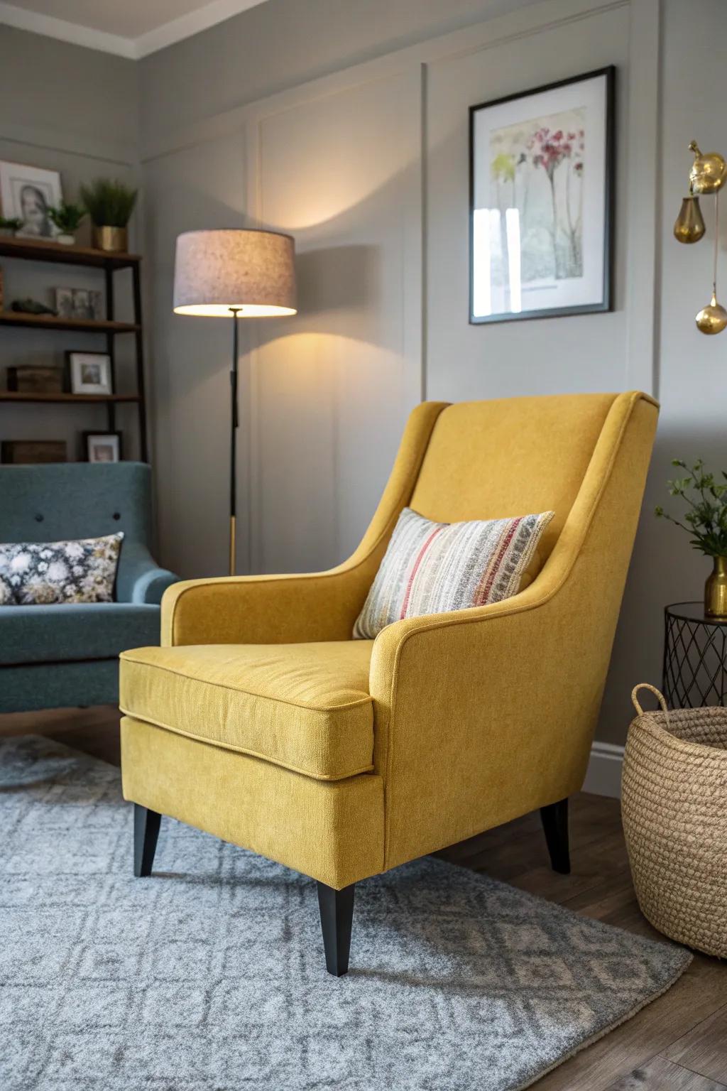 A goldenrod accent chair adds a splash of color to a neutral living room.