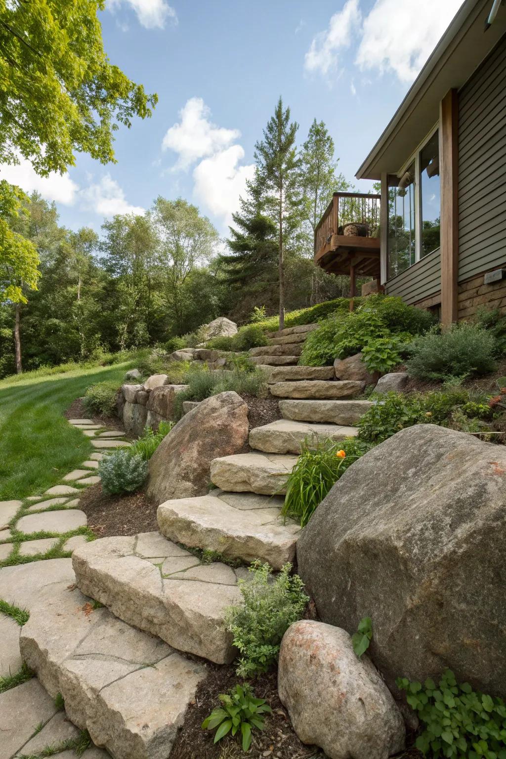 Natural stone elements add rustic charm to a sloping yard.