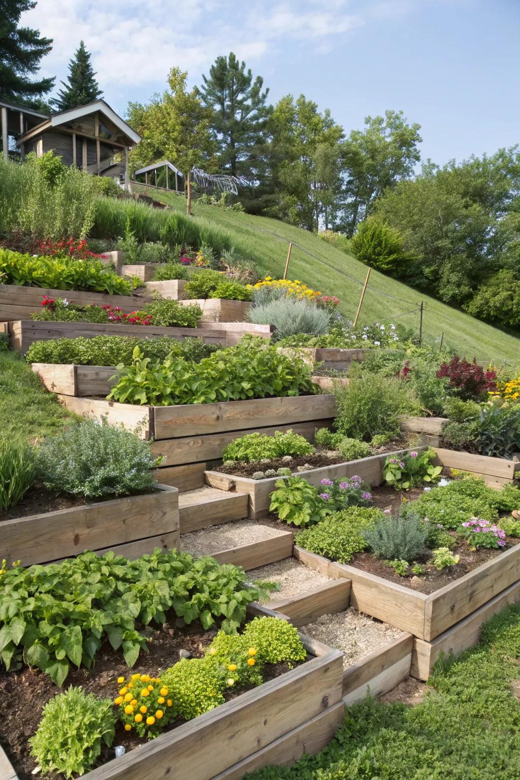 Tiered planting beds create visual interest and depth.