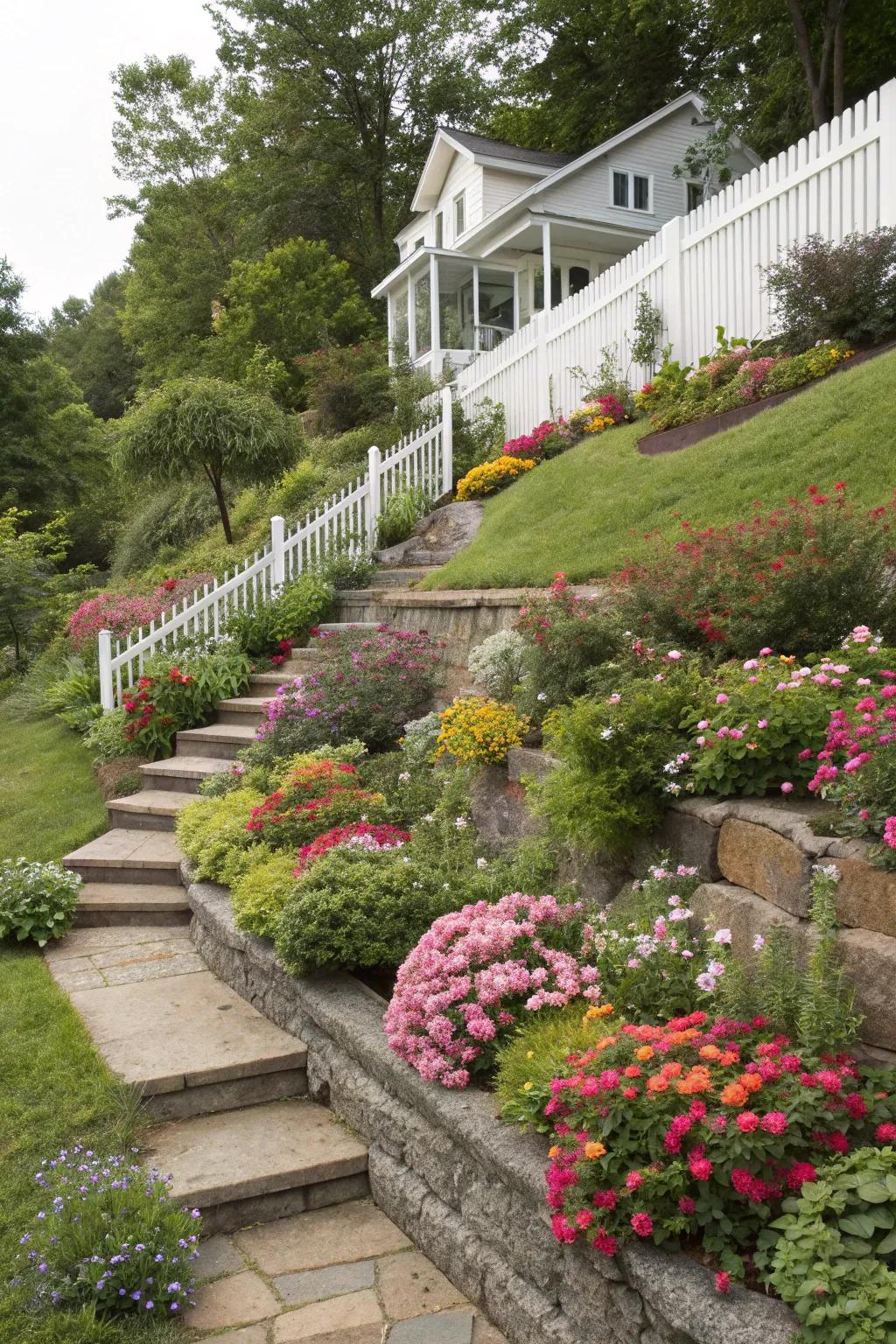 Terraced landscaping transforms a sloped front yard into a vibrant, functional space.