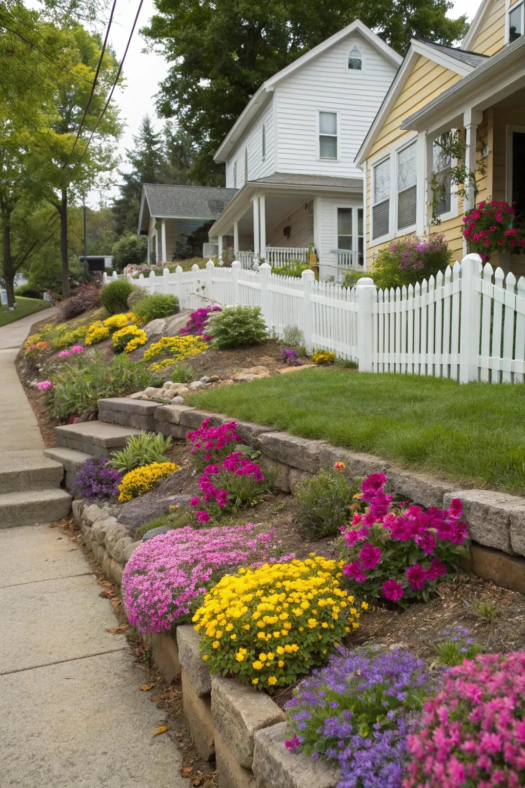 Vibrant flower beds give any sloping yard life and appeal.