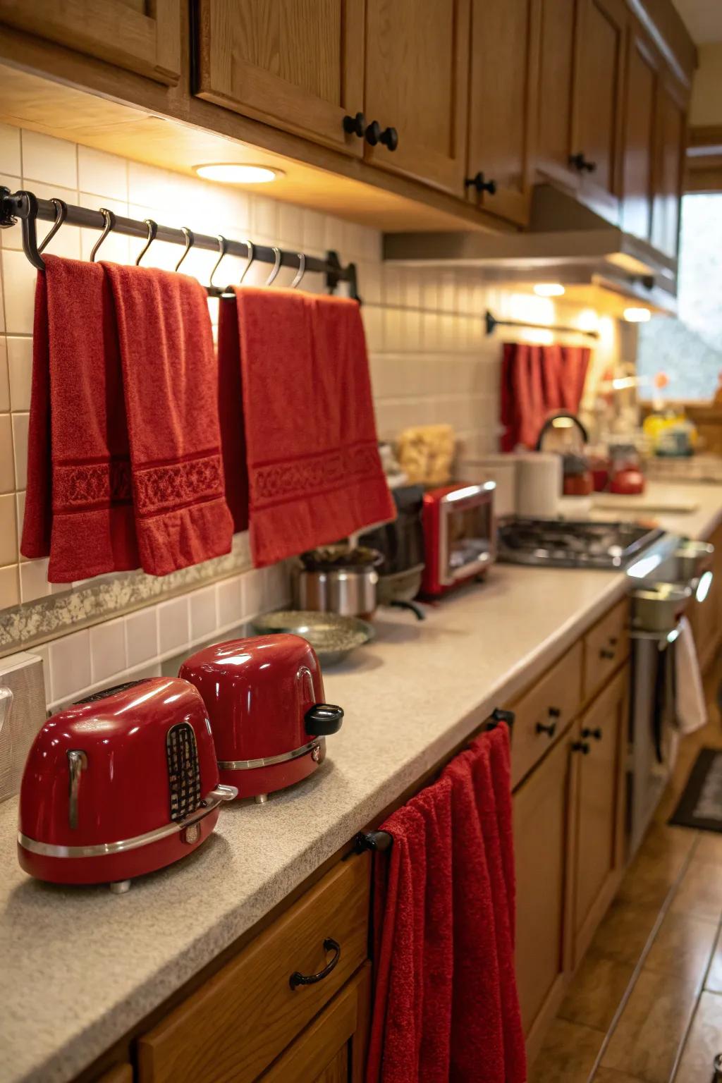 Festive red touches bringing holiday cheer to the kitchen.