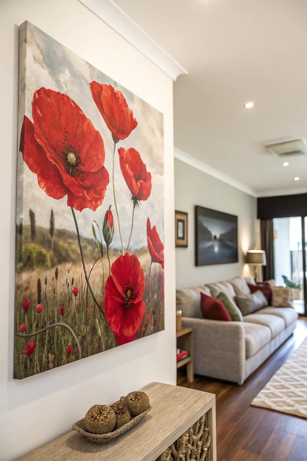 Red-themed wall decor adding a festive touch to the room.