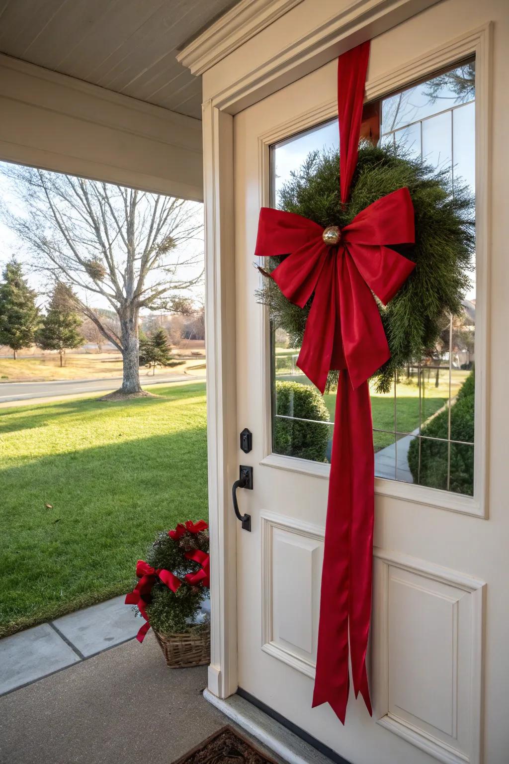 A striking red entrance decoration to welcome the holidays.