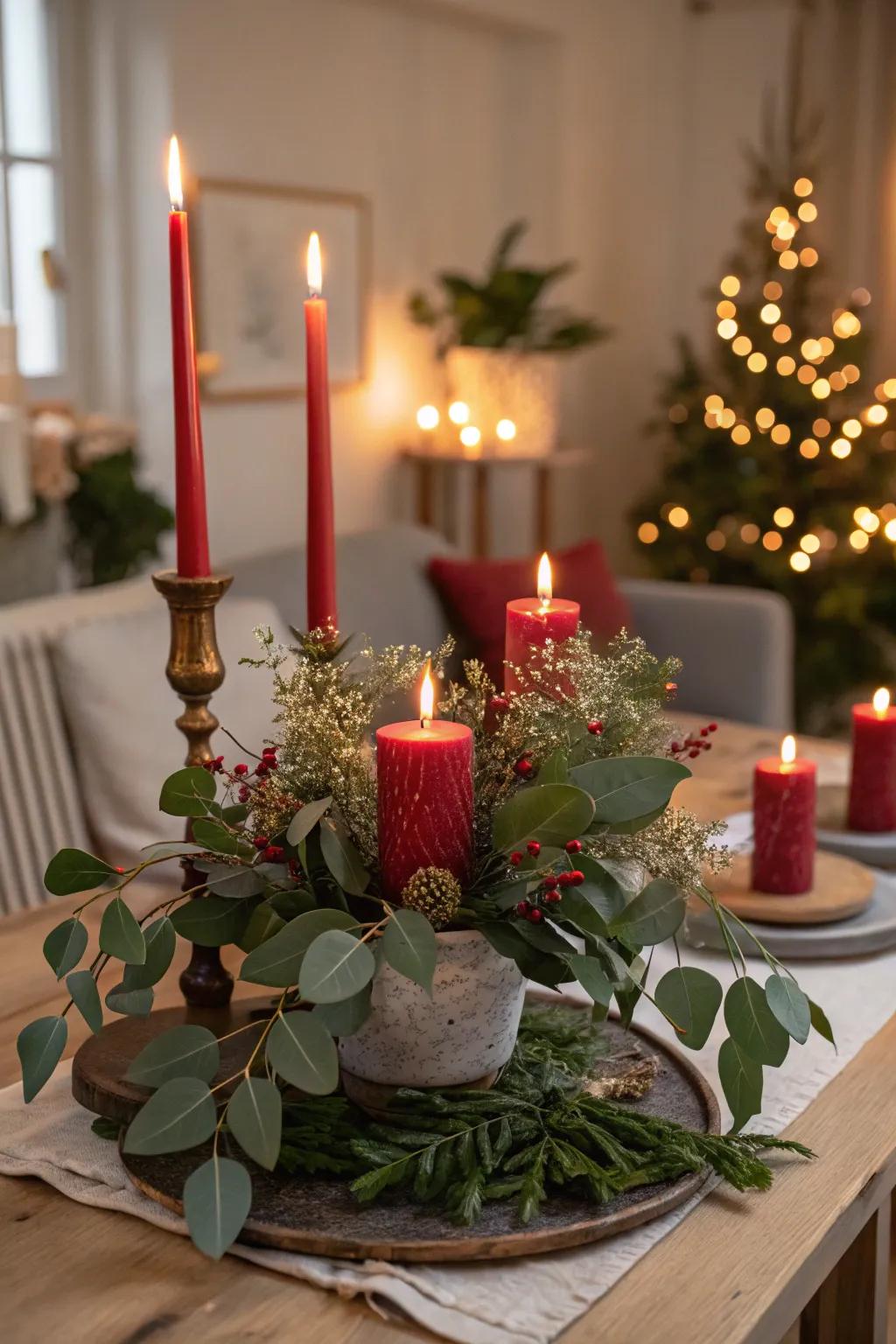 A warm and welcoming red candle centerpiece.