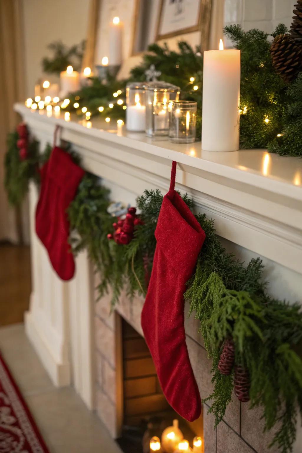 A charming fireplace mantel decorated with red accents.