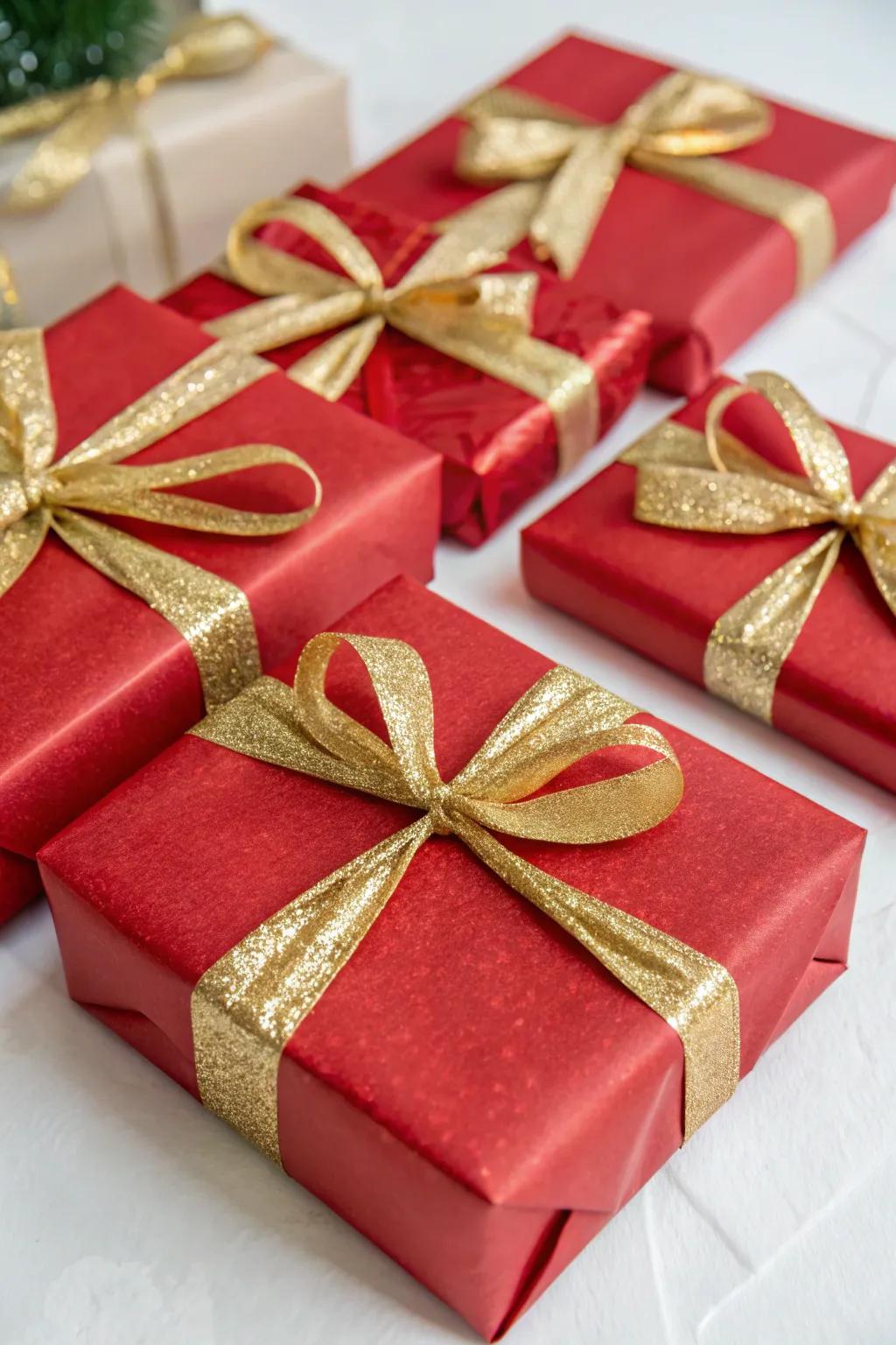 Beautifully wrapped presents in festive red and gold.