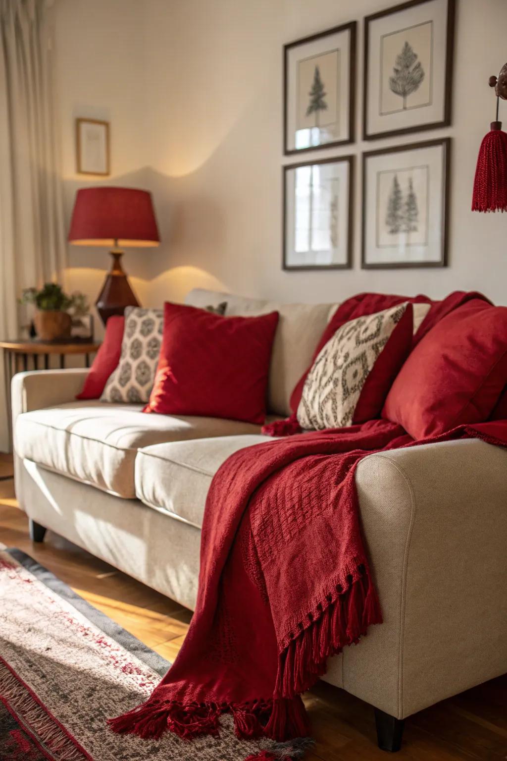 A family room enriched with comfortable red touches.