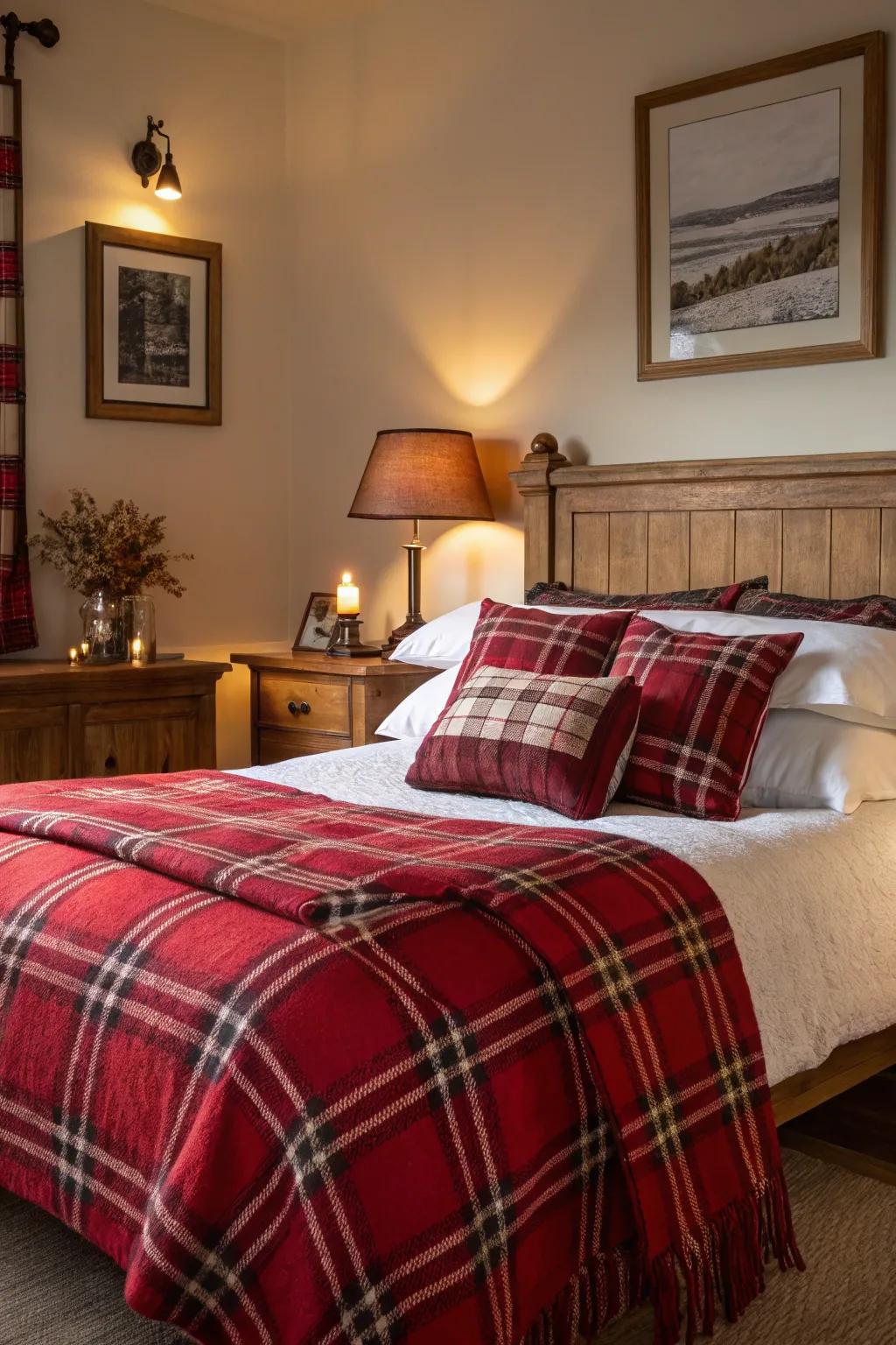 A cozy bedroom with festive red accents.