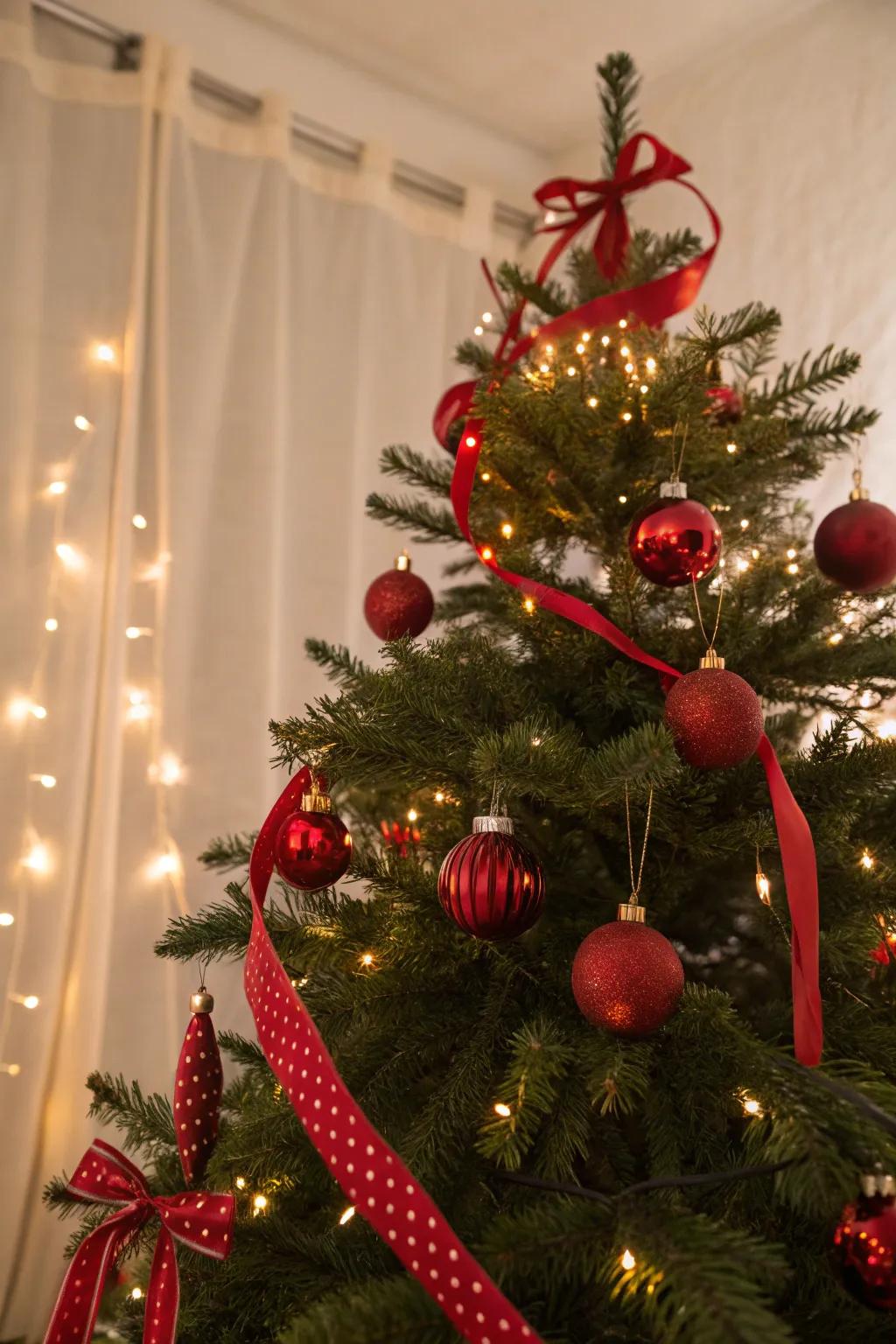 A Christmas tree gorgeously adorned with red decorations.