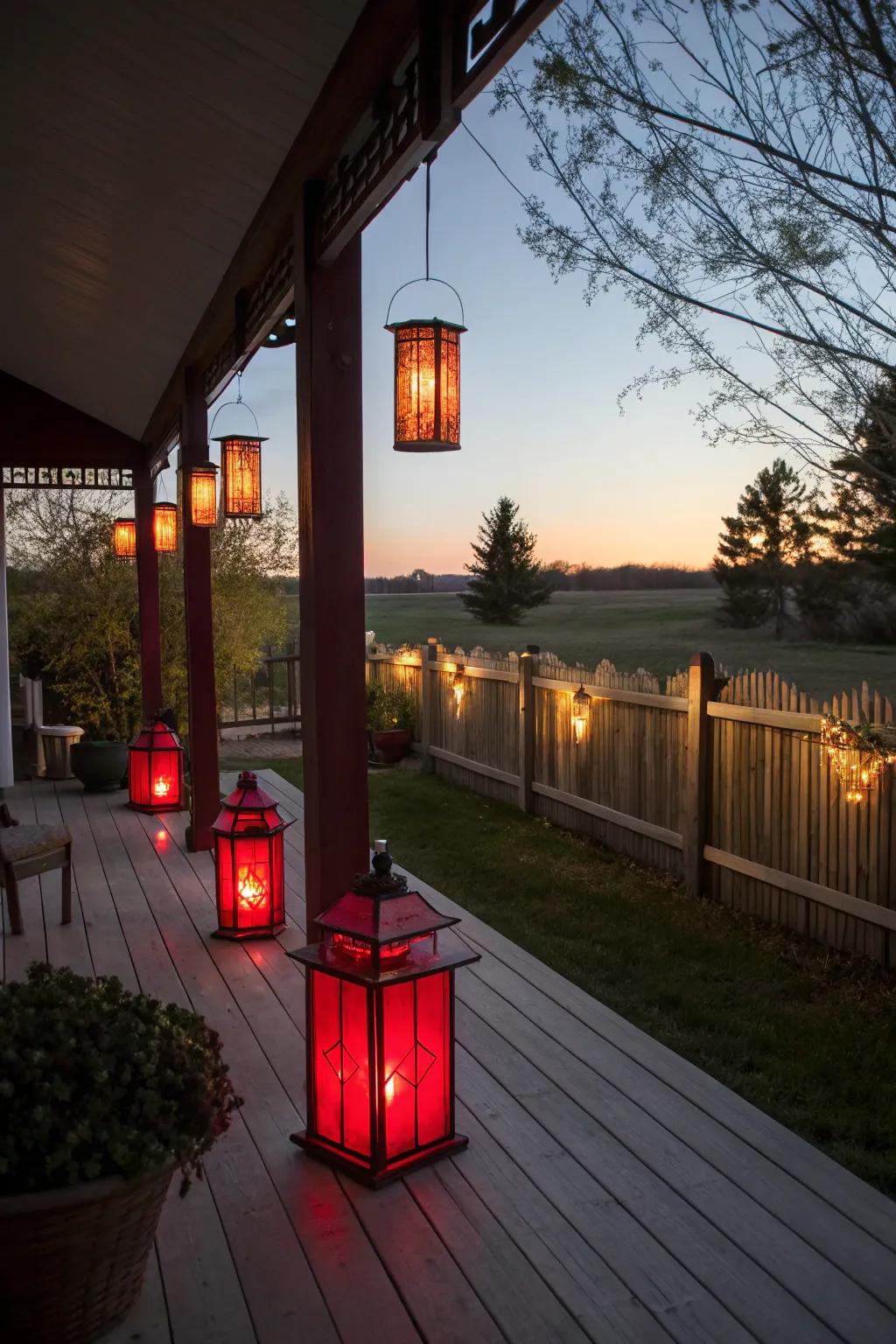 Rustic red lanterns creating a warm outdoor atmosphere.
